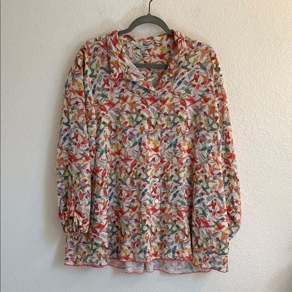 John Mark Multicolor Bird Print Button-Up Blouse - White Base - Picture 2 of 12